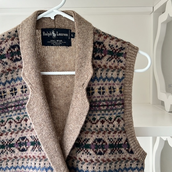 Vintage Ralph Lauren Fair Isle Collared Wool Sweater Vest 80's Women's Size L - Picture 2 of 14